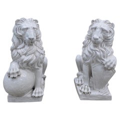 Vintage Neoclassical Style Heraldic Lion Sculptures with Sphere & Shield – Pair