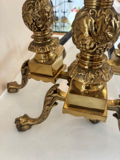 Vintage Neoclassical Style Polished Brass with Gadrooned Finials andiron, Pair