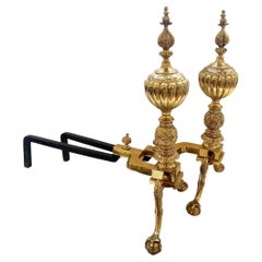 Vintage Neoclassical Style Polished Brass with Gadrooned Finials andiron, Pair