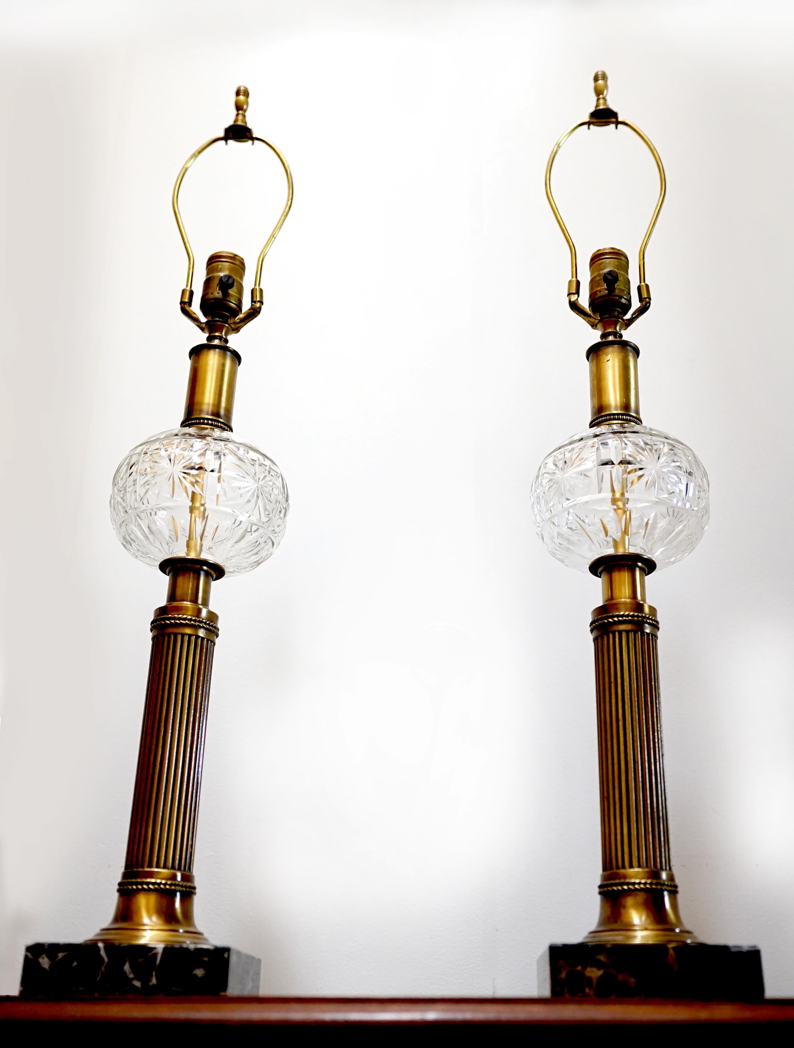 Vintage Neoclassical Style Pressed Glass and Brass with Marble Table Lamps For Sale 3