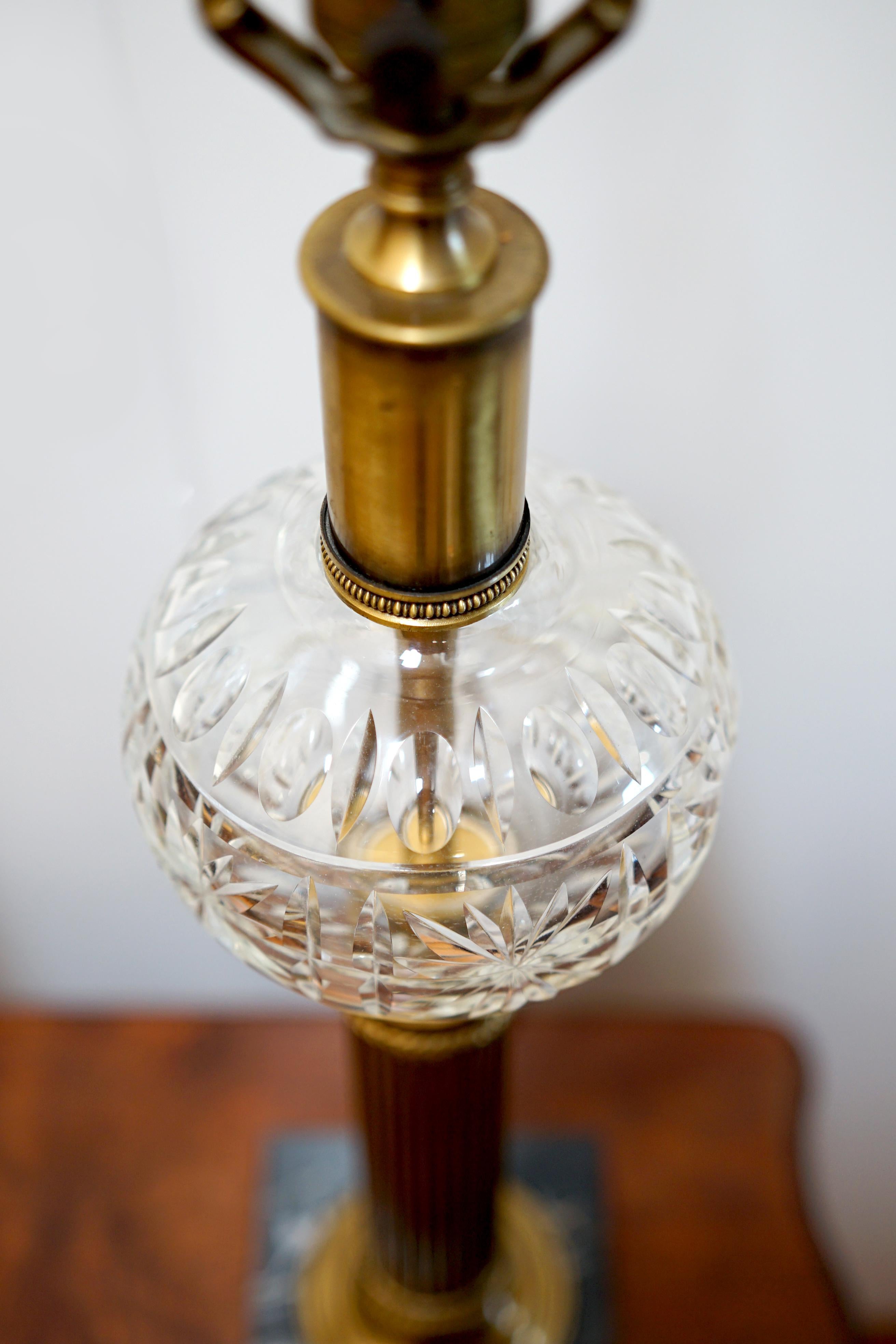 Vintage Neoclassical Style Pressed Glass and Brass with Marble Table Lamps For Sale 5