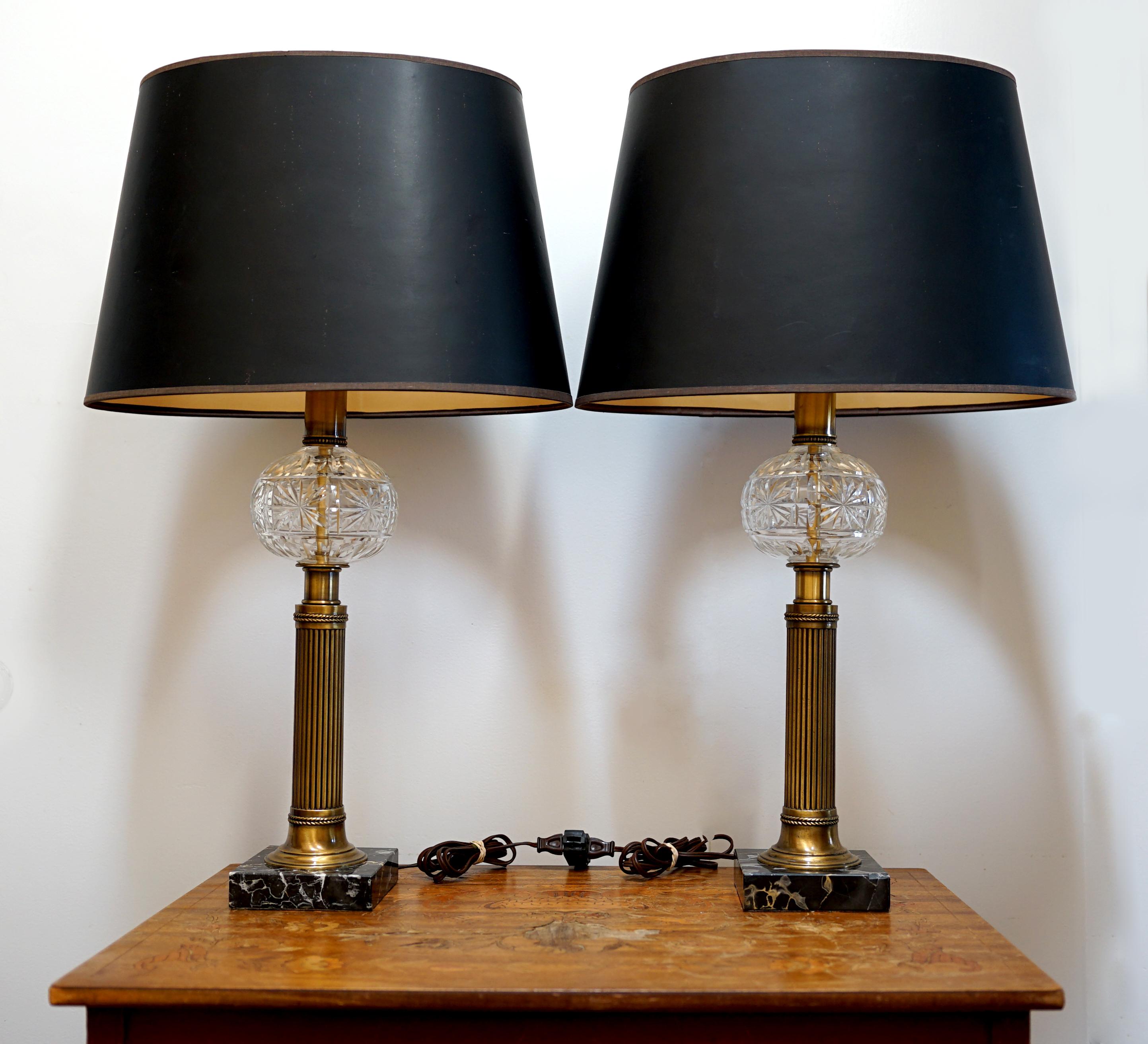 Vintage Neoclassical Style Pressed Glass and Brass with Marble Table Lamps For Sale 7