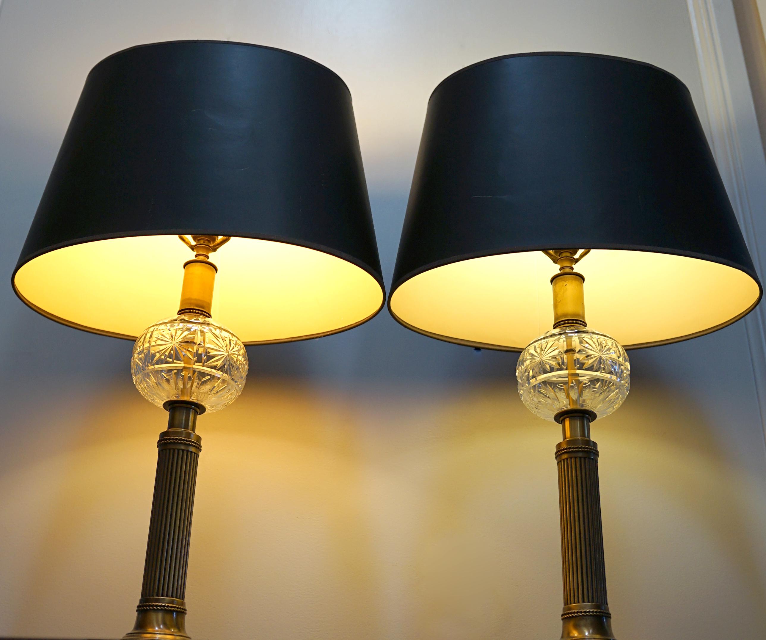 The Neoclassical Revival style crystal pillar lamps fit into various design themes. The lamps are also reminiscent of a Victorian set of vintage lamps with a reservoir. However, these very handsome lamps don't have the age of the English Victorians