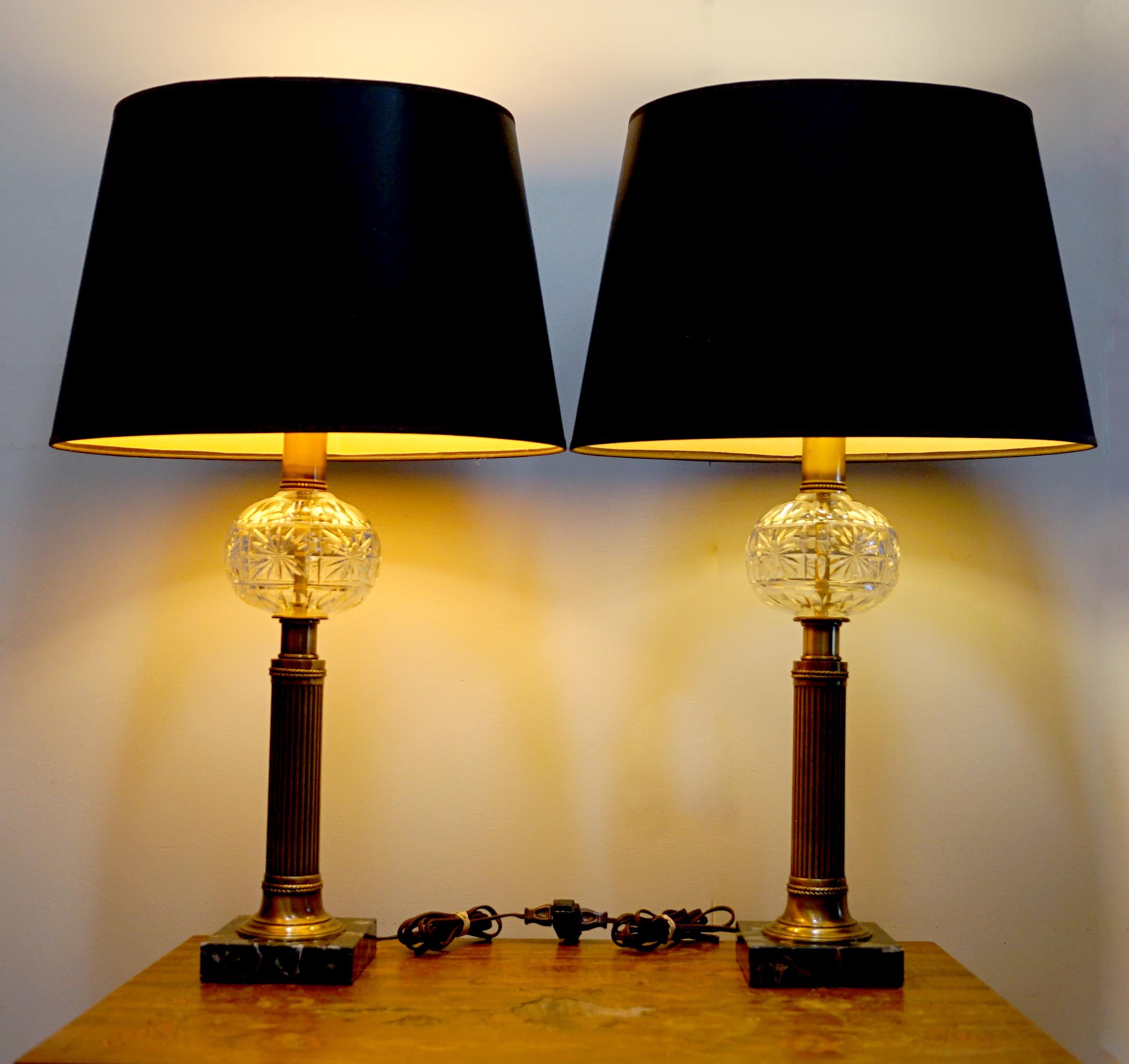 American Vintage Neoclassical Style Pressed Glass and Brass with Marble Table Lamps For Sale