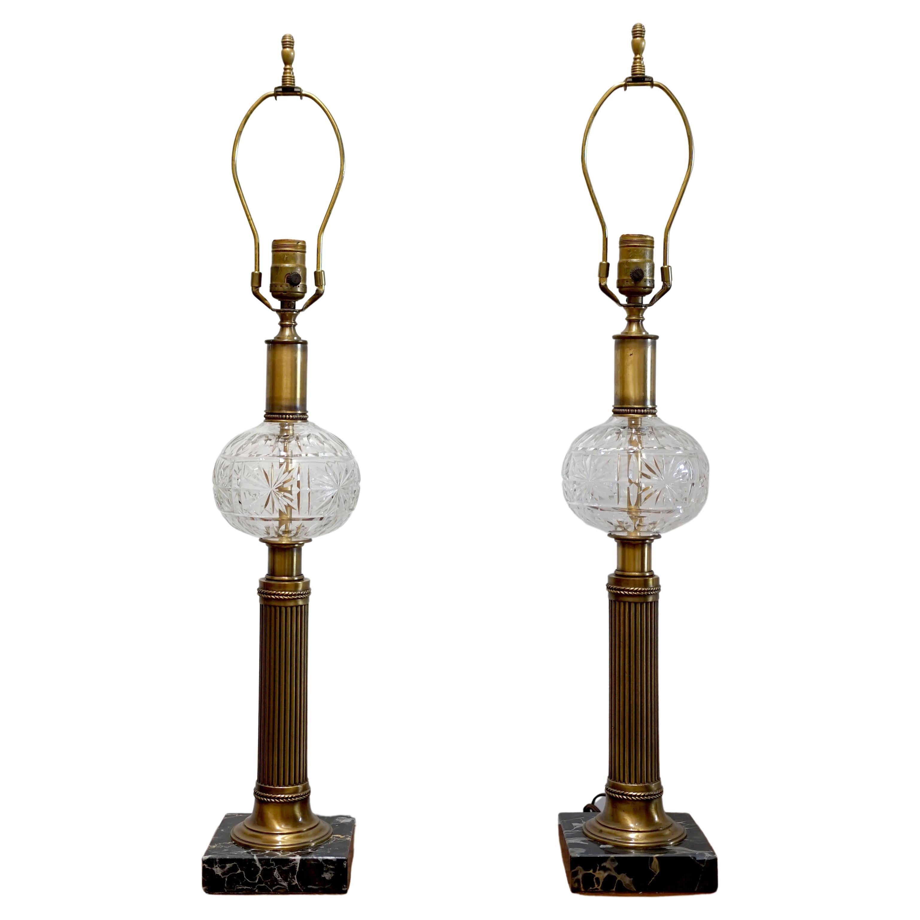 Vintage Neoclassical Style Pressed Glass and Brass with Marble Table Lamps For Sale