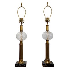 Retro Neoclassical Style Pressed Glass and Brass with Marble Table Lamps