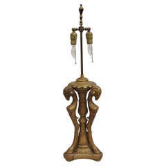 Vintage Neoclassical Style Triple Ram Goat Head Clad Gold Table Lamp