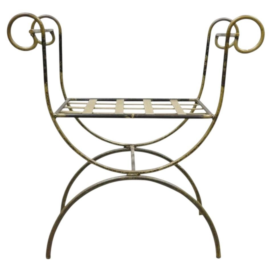 Vintage Neoclassical Style Wrought Iron Curule Savonarola X-Form Bench Chair