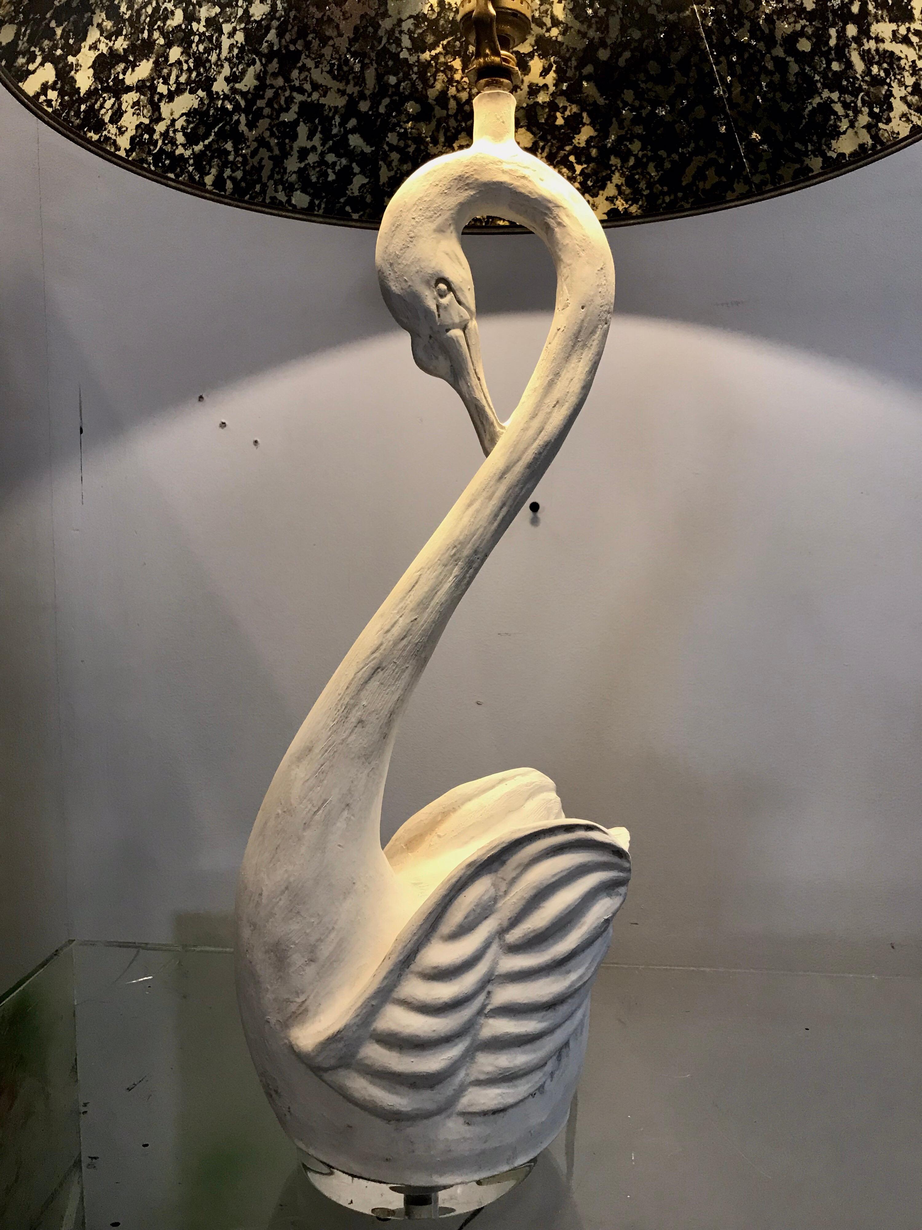 A whimsical yet graceful figural swan table lamp having a recent custom plaster-wash finish. The graphic black and white look here is classic yet very 