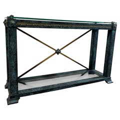 Vintage Neoclassical Verdigris Wood, Brass and Glass Tiered Console Table