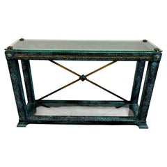 Vintage Neoclassical Verdigris Wood, Brass and Glass Tiered Console Table