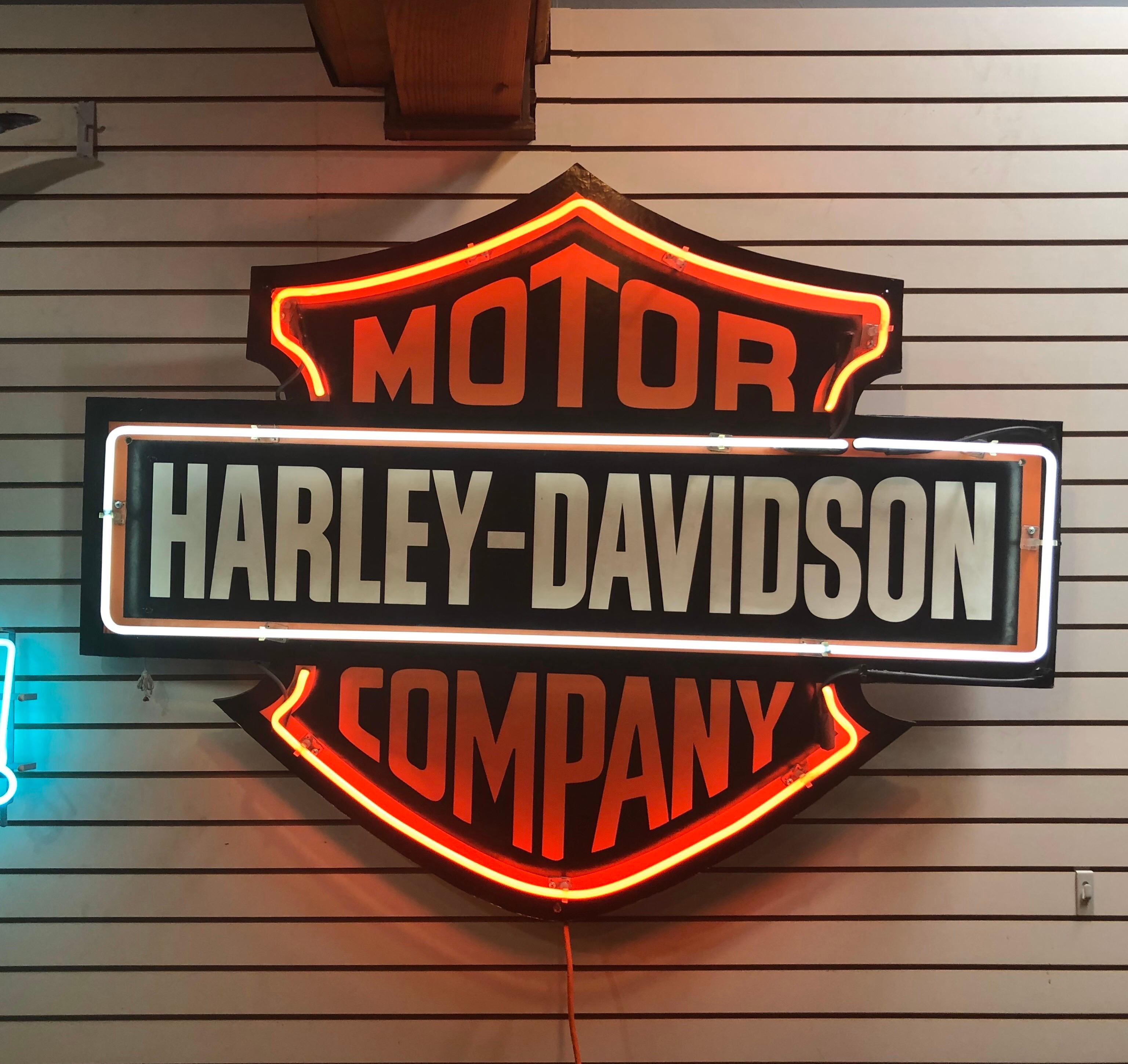 Super cool and hard to find vintage neon Harley Davidson Motor Company dealership sign, circa 1980s. The sign is quite large measuring 58