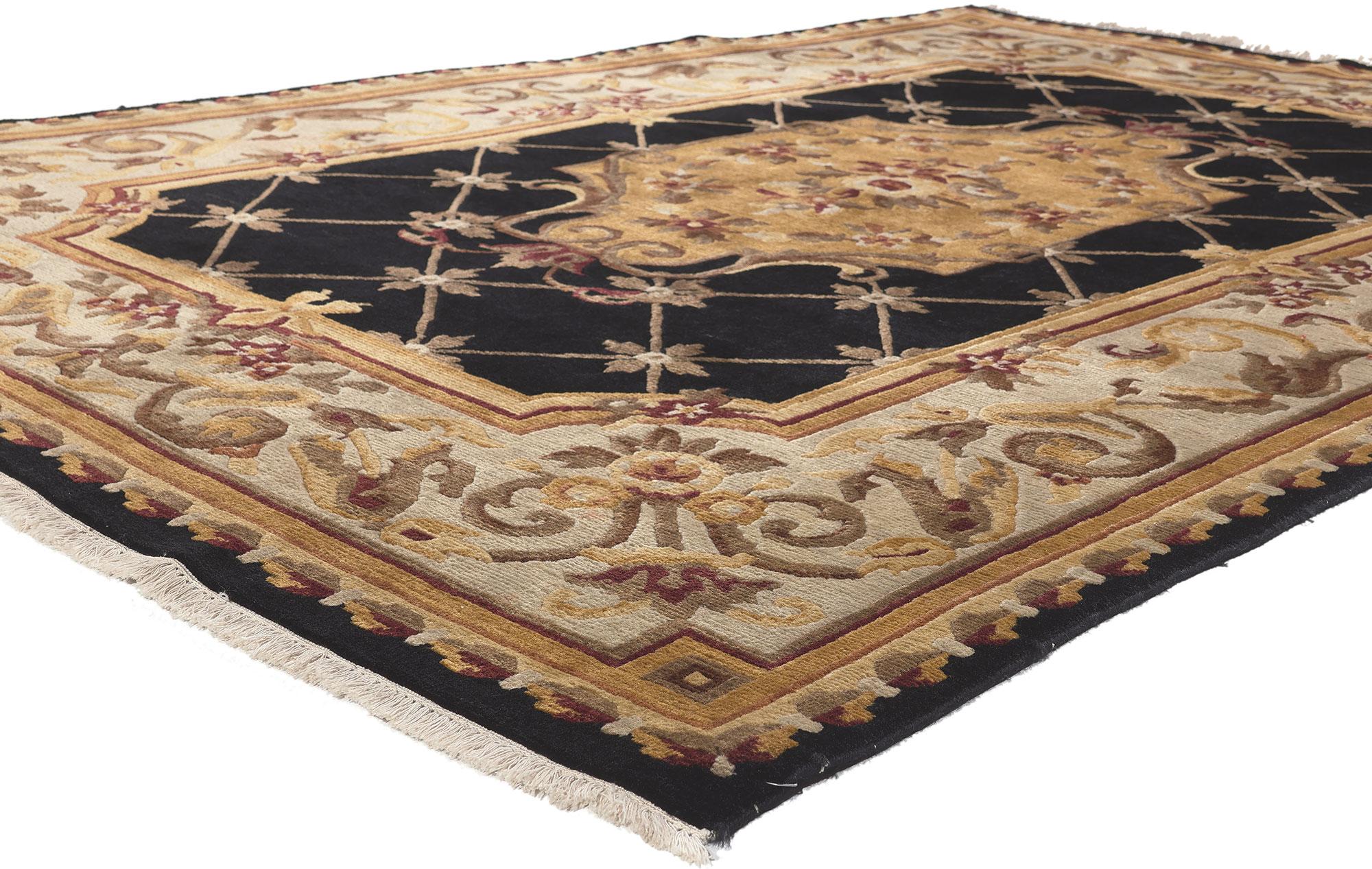 78648 Vintage Nepalese Savonnerie Tibetan Rug with Aubusson Design, 05'11 x 09'00.
Earth-tone elegance collides with traditional sensibility in this vintage Savonnerie Tibetan rug. The intricate Aubusson design and earthy colors woven into this