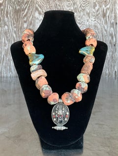 Vintage Nepalese Terracotta Clay Beaded Necklace with Tibetan Pendant