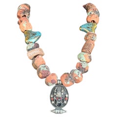 Vintage Nepalese Terracotta Clay Beaded Necklace with Tibetan Pendant