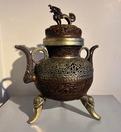 Vintage Nepalese Tripod Incense Burner with Makara Design, 1950s