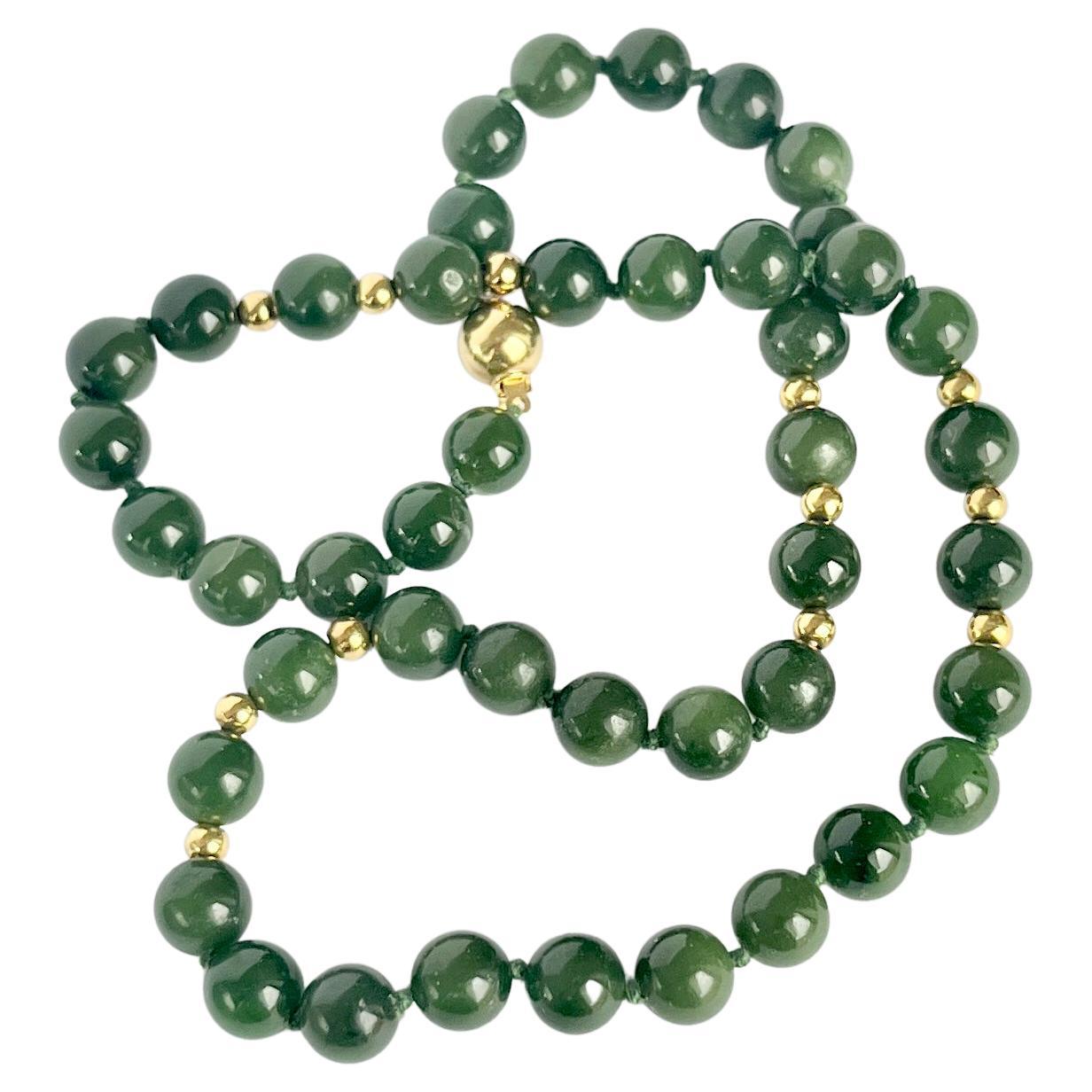 Vintage Nephrite Jade and 18 Carat Gold Bead Necklace For Sale