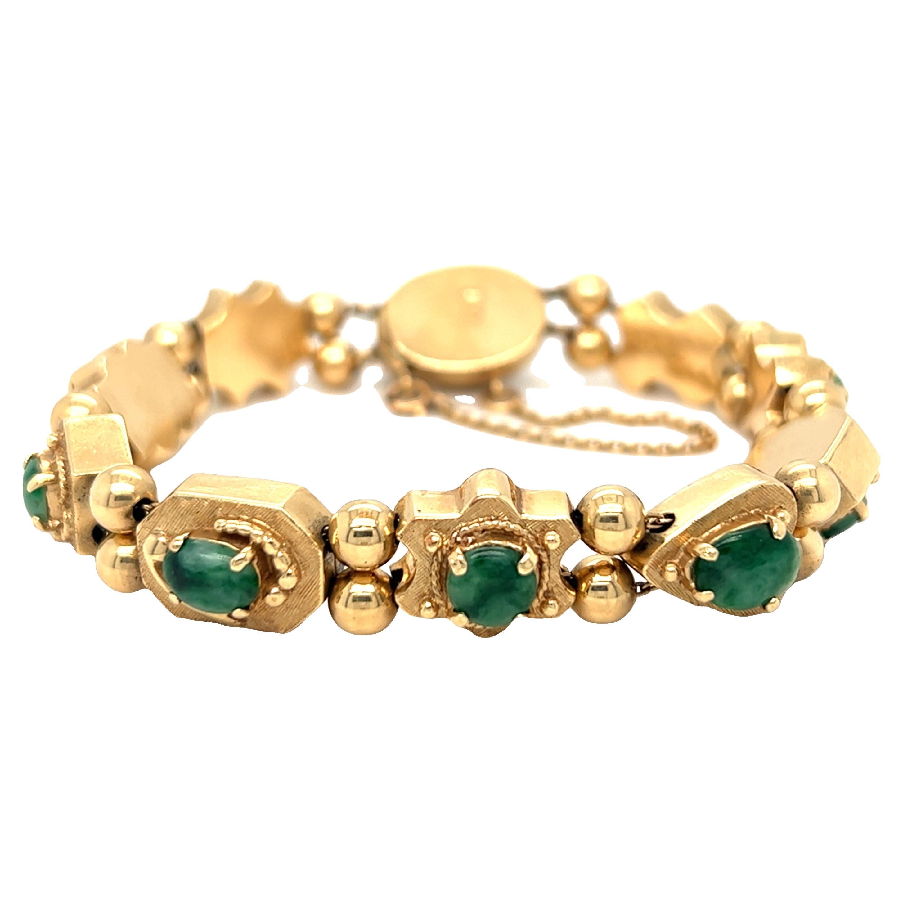 Vintage Nephrite Jade Bracelet 14K Yellow Gold For Sale