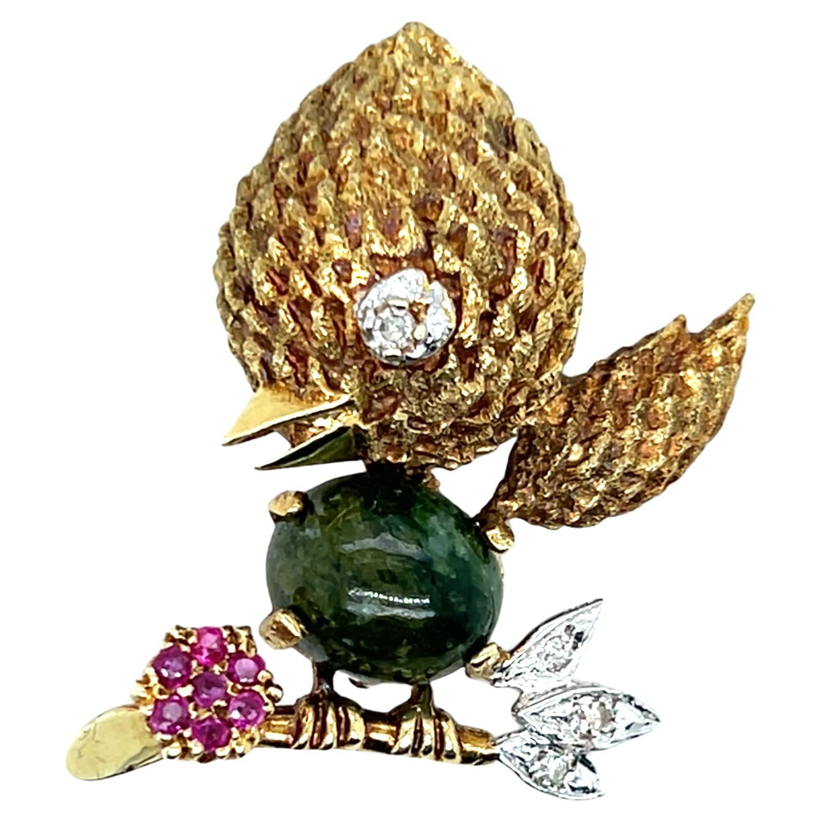 Vintage Nephrit Jade Diamant und Rubin 14k Gelb und Weißgold Birdie Brosche