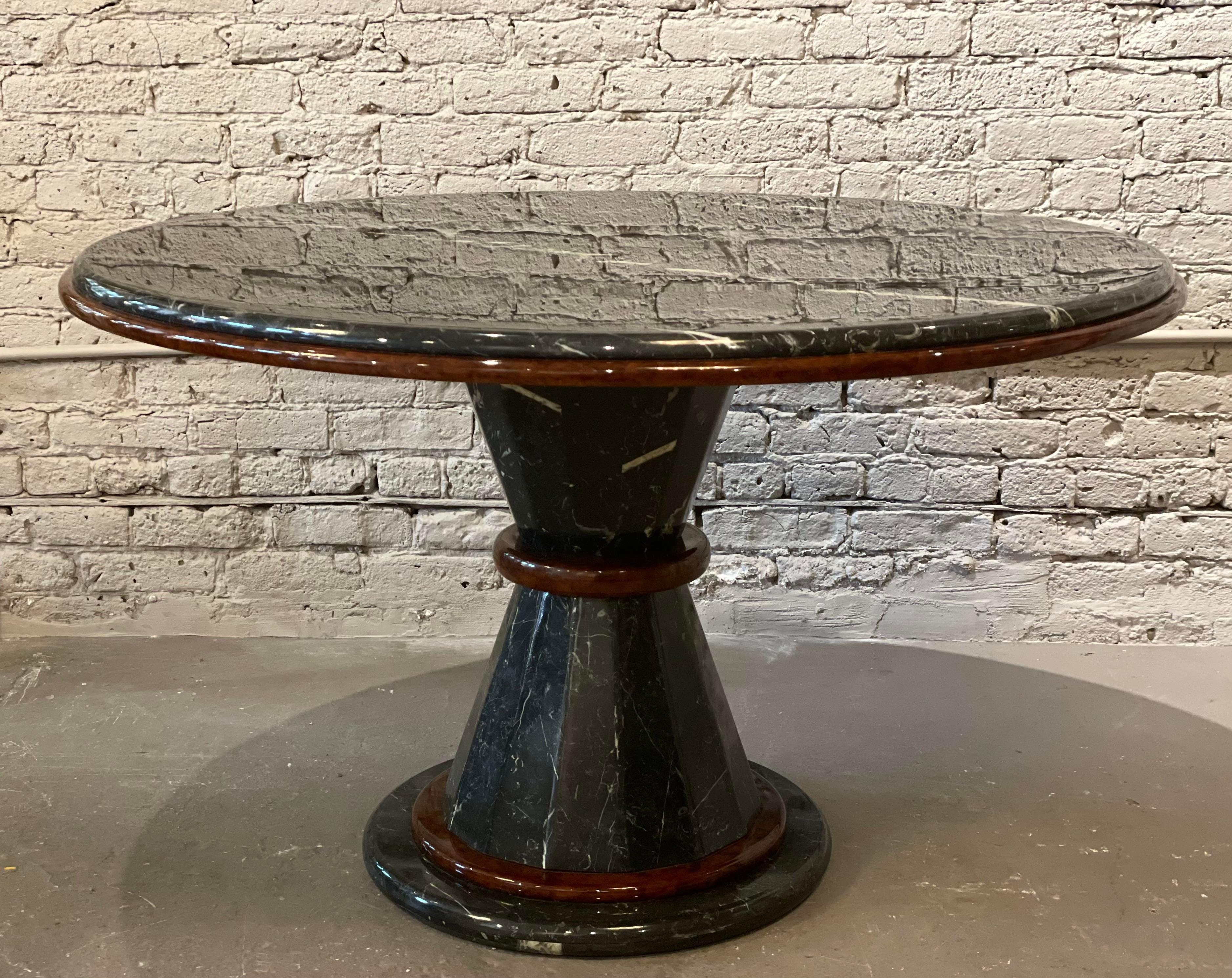 Postmodern Vintage Nero Marquina Black and White Marble Pedestal Dining Table For Sale 7