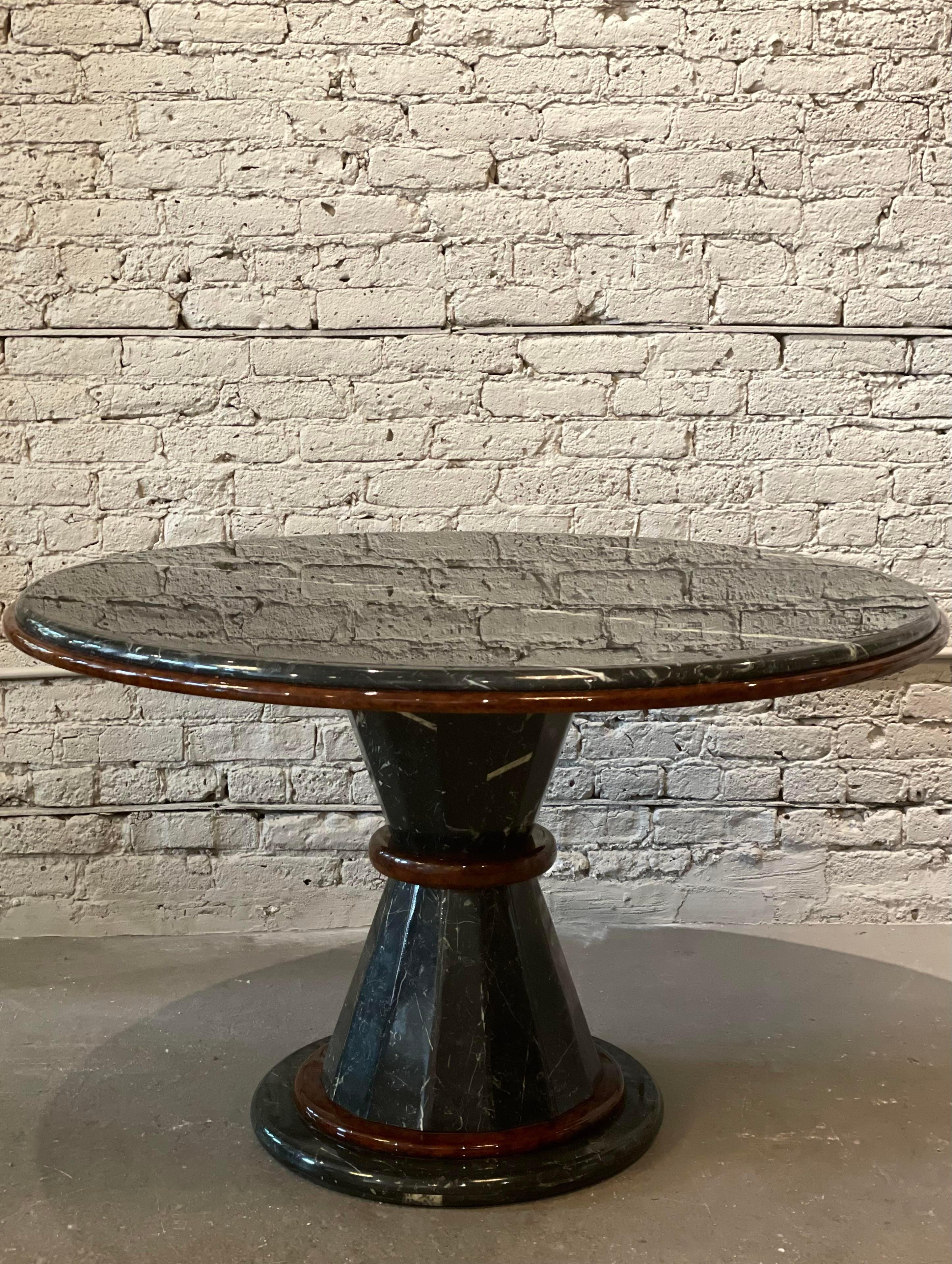 Postmodern Vintage Nero Marquina Black and White Marble Pedestal Dining Table For Sale 1
