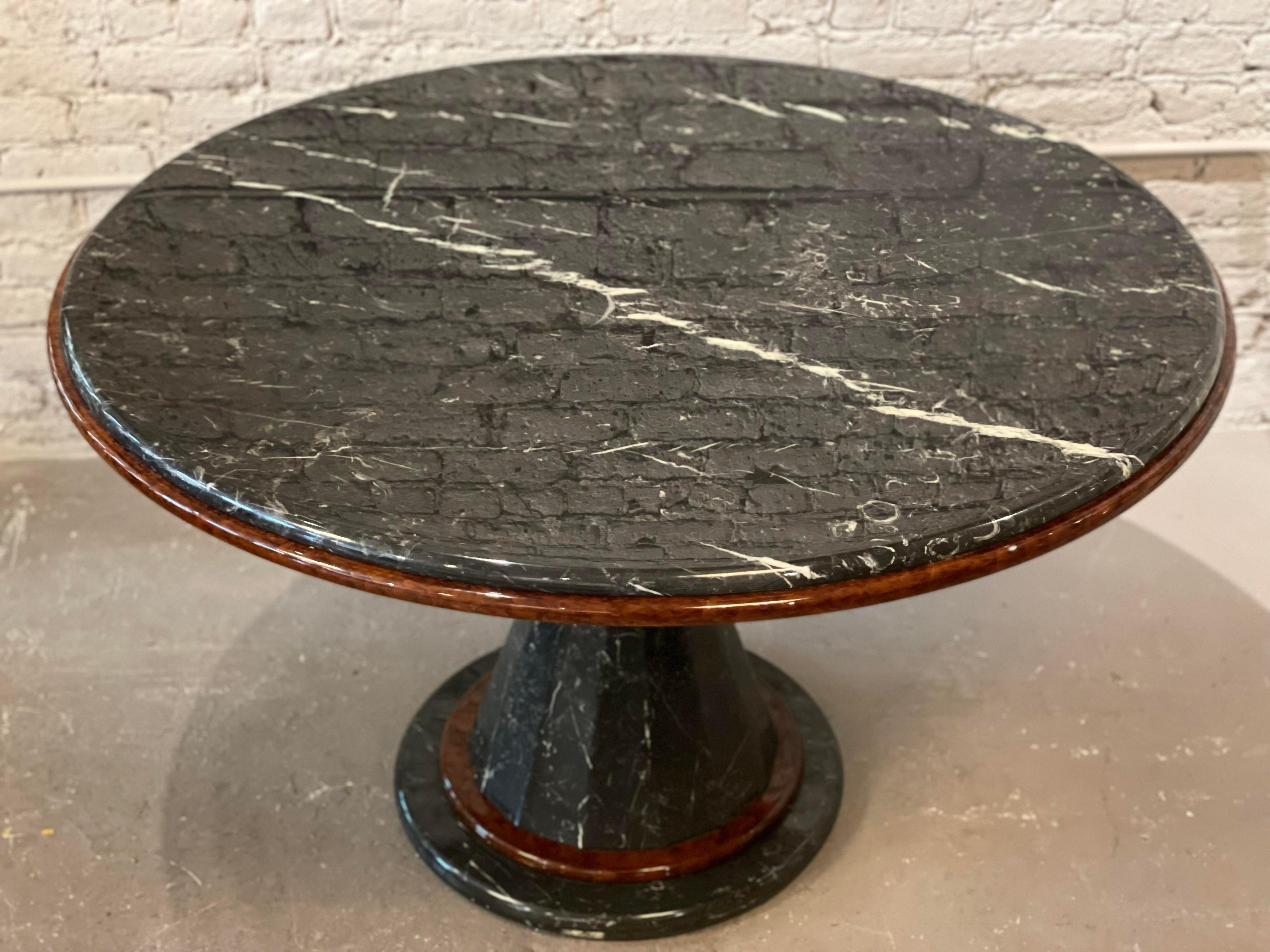 Postmodern Vintage Nero Marquina Black and White Marble Pedestal Dining Table For Sale 2