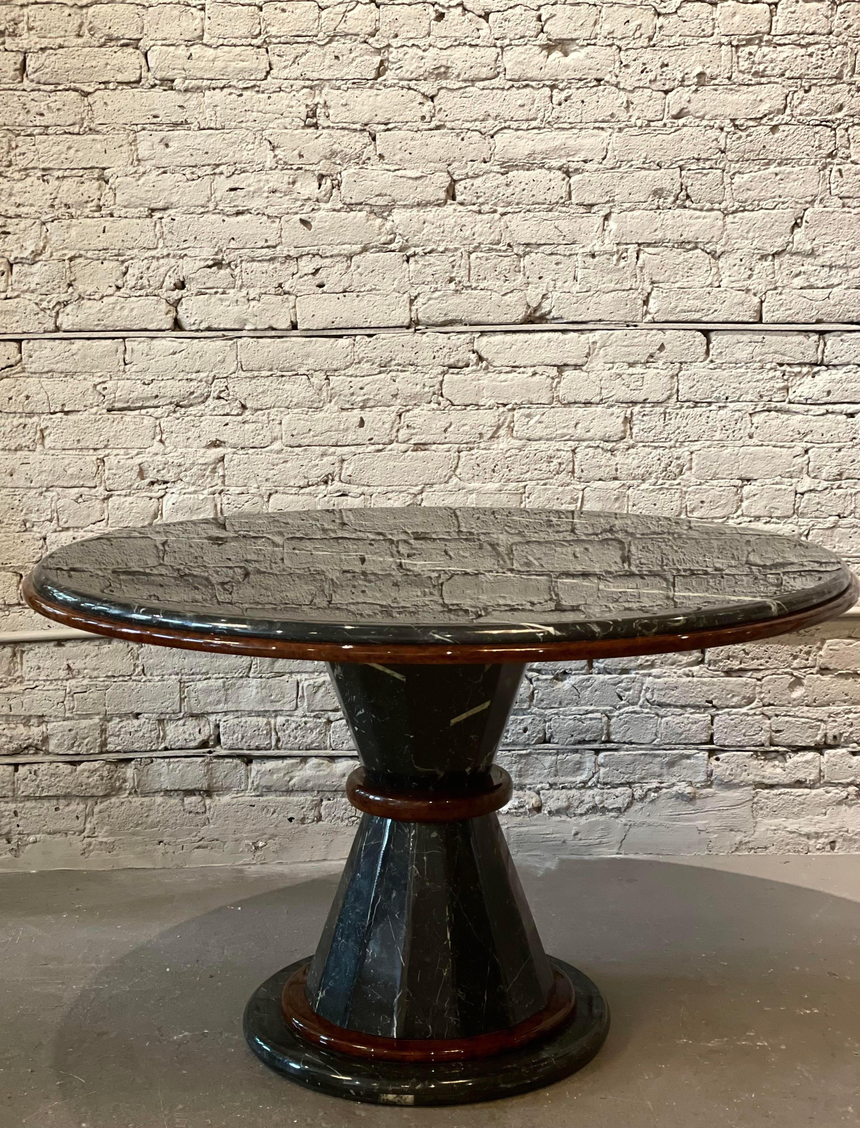 Postmodern Vintage Nero Marquina Black and White Marble Pedestal Dining Table For Sale 4