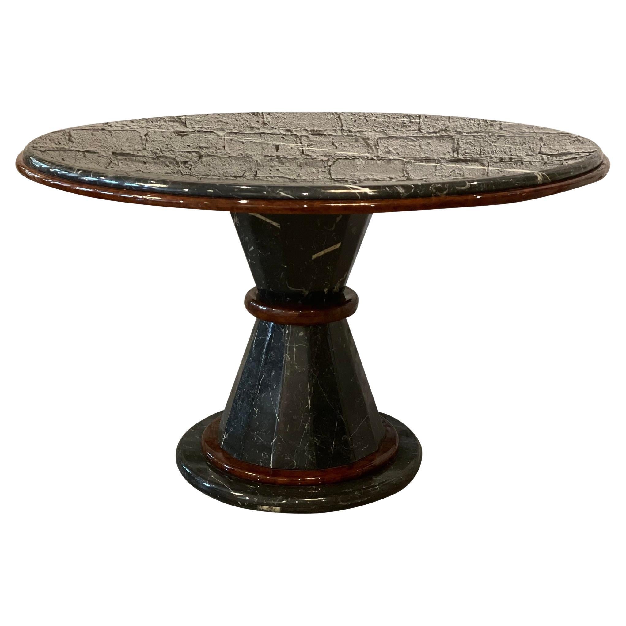 Postmodern Vintage Nero Marquina Black and White Marble Pedestal Dining Table