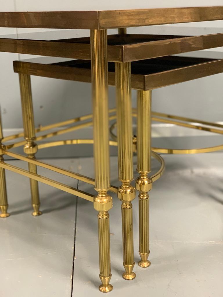 Vintage Nest of 3 Brass and Dark Glass Tables in the Style of Maison Jansen For Sale 3