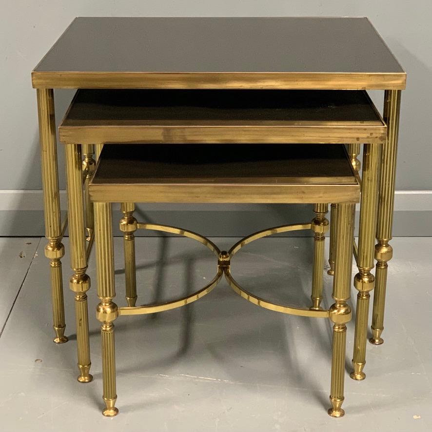Vintage Nest of 3 Brass and Dark Glass Tables in the Style of Maison Jansen For Sale 4