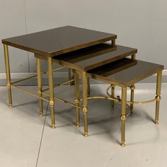 Vintage Nest of 3 Brass and Dark Glass Tables in the Style of Maison Jansen