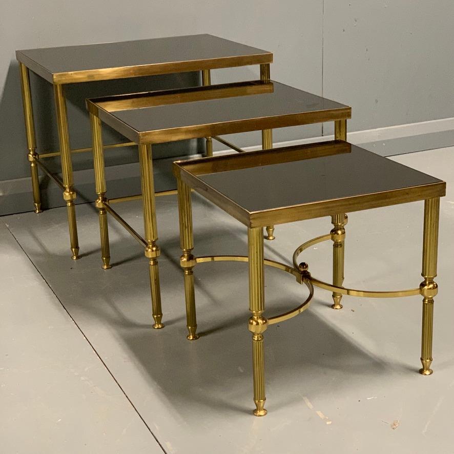French Vintage Nest of 3 Brass and Dark Glass Tables in the Style of Maison Jansen For Sale