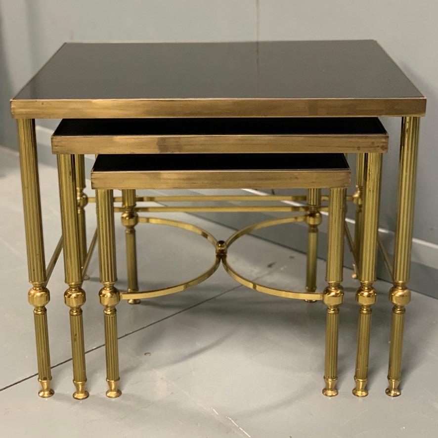 Bronzed Vintage Nest of 3 Brass and Dark Glass Tables in the Style of Maison Jansen For Sale