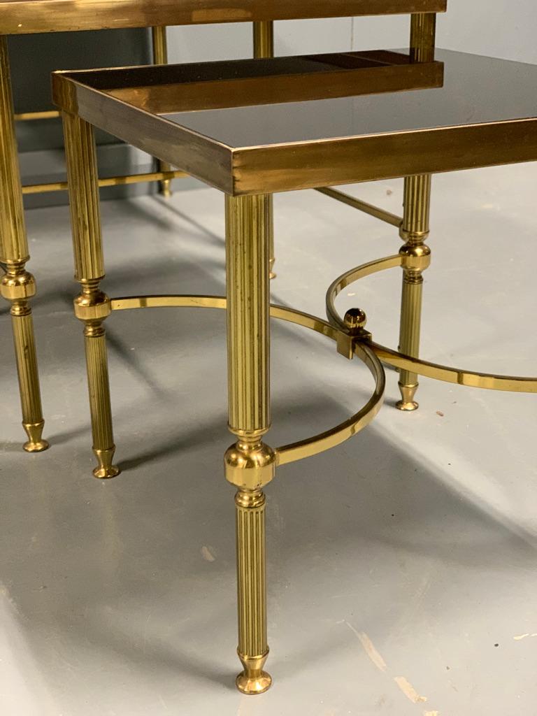 Vintage Nest of 3 Brass and Dark Glass Tables in the Style of Maison Jansen For Sale 2