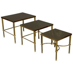 Retro Nest of 3 Brass and Dark Glass Tables in the Style of Maison Jansen