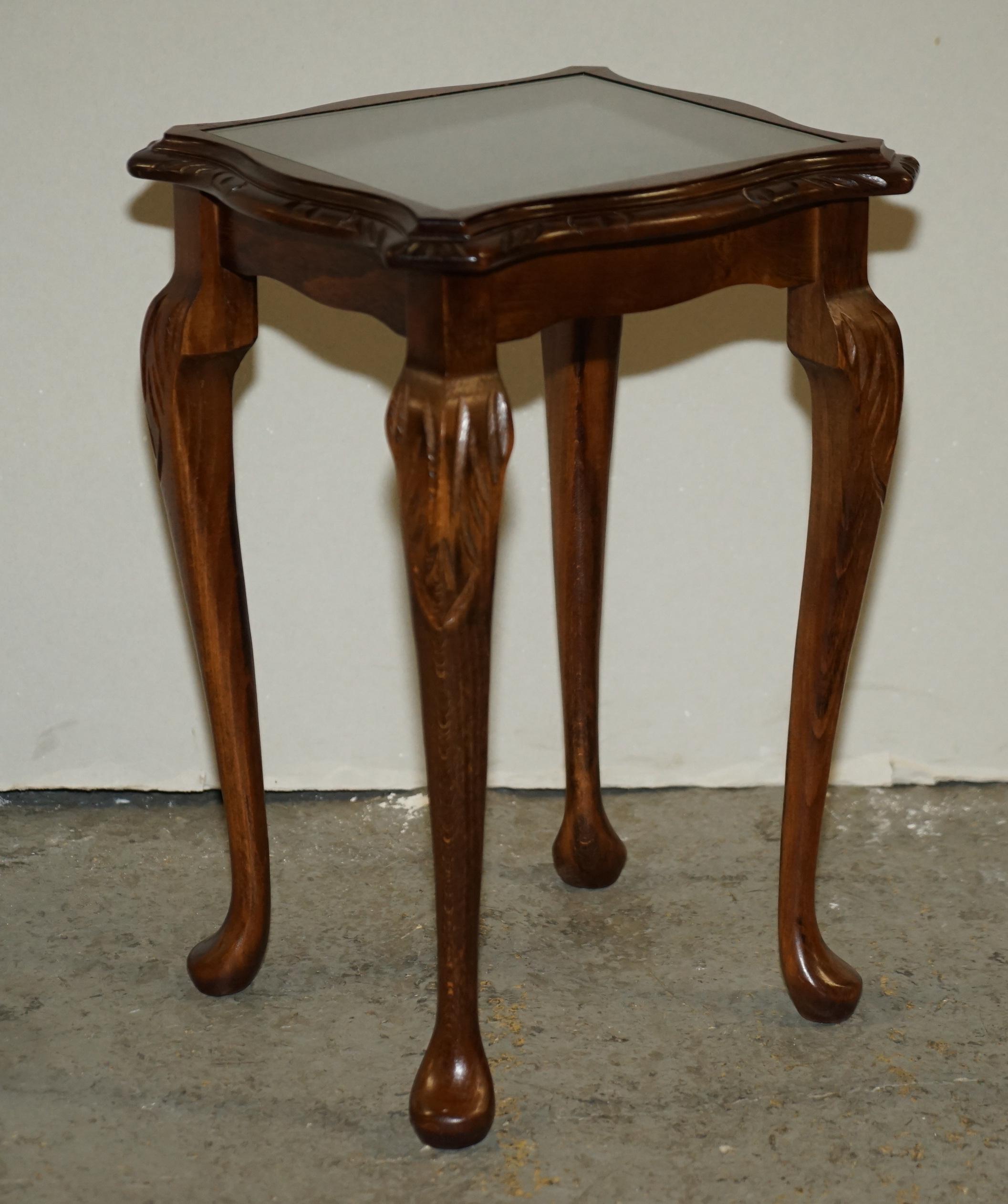 Vintage Nest of 3 Stacking Tables Solid Hardwood, Glass Tops & Carved Legs 12