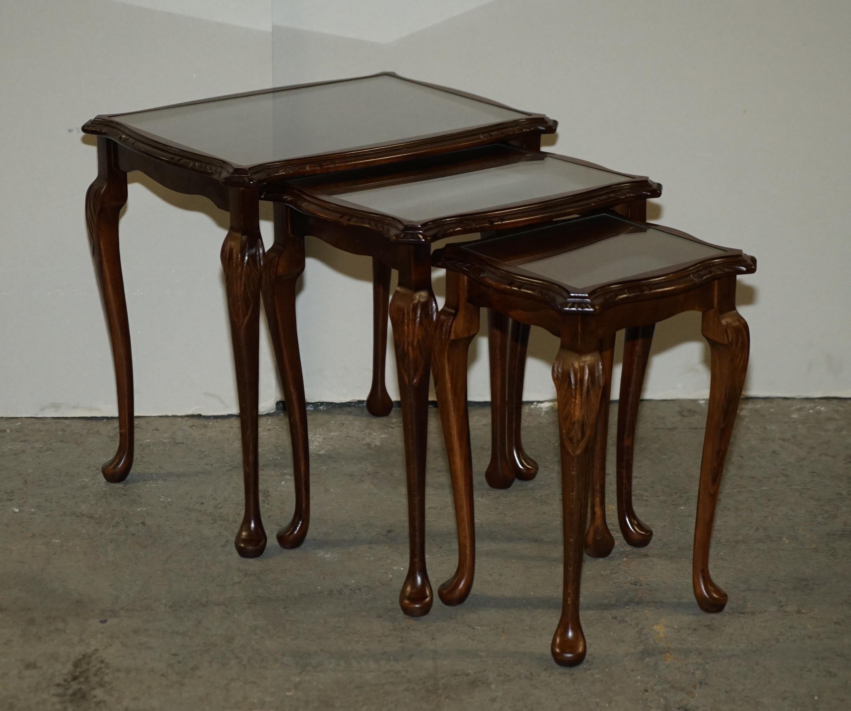 Regency Vintage Nest of 3 Stacking Tables Solid Hardwood, Glass Tops & Carved Legs