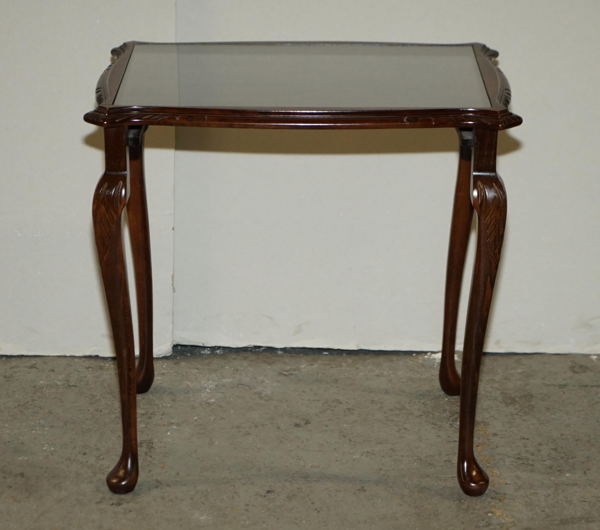 Hand-Crafted Vintage Nest of 3 Stacking Tables Solid Hardwood, Glass Tops & Carved Legs