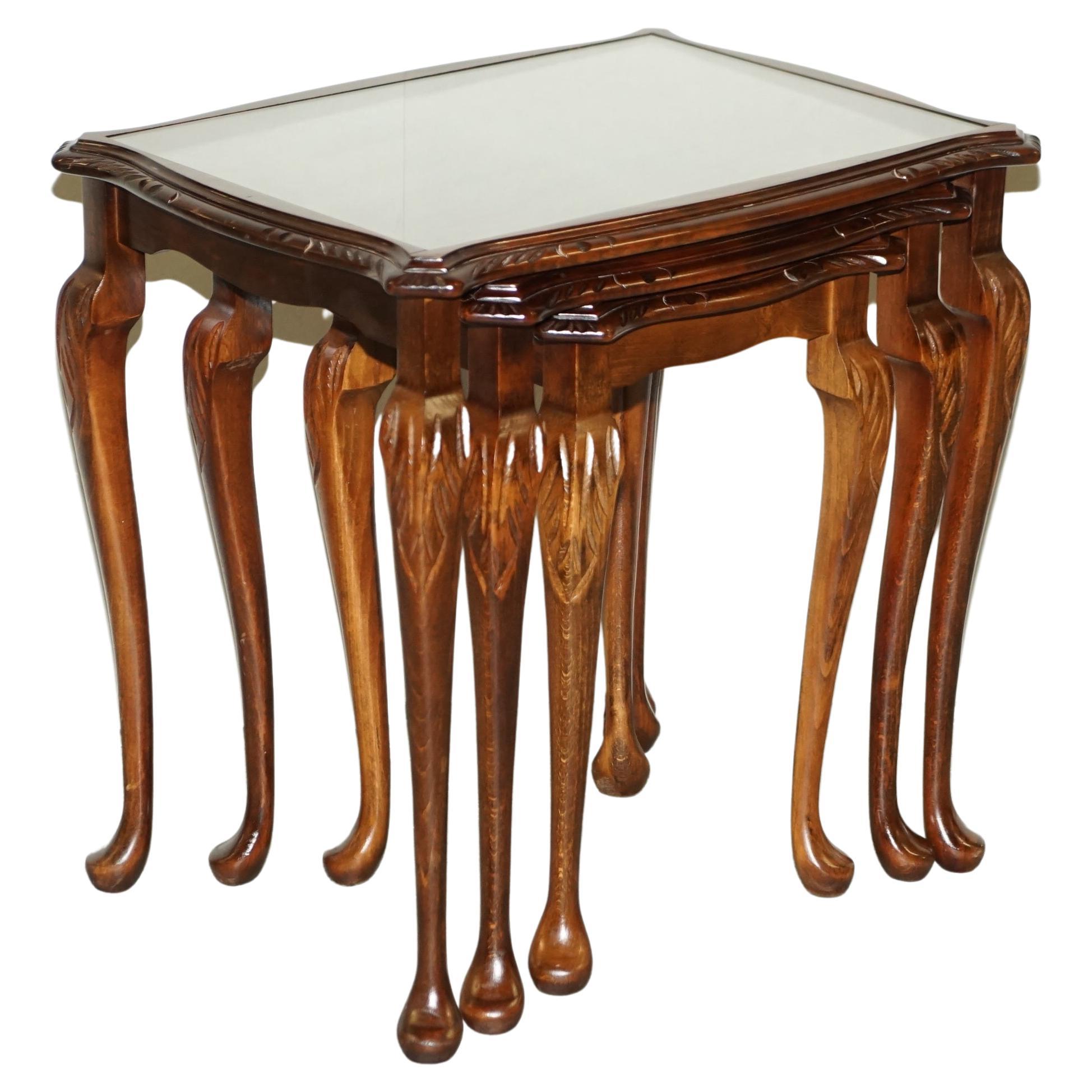 Vintage Nest of 3 Stacking Tables Solid Hardwood, Glass Tops & Carved Legs