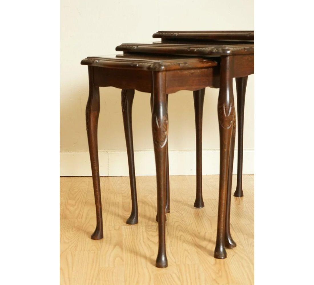 Hand-Crafted Vintage Nest of Tables Queen Anne Style Legs with Brown Embossed Leather For Sale