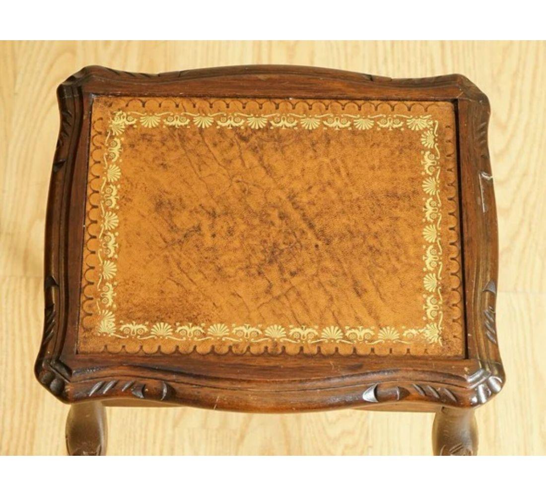 Hardwood Vintage Nest of Tables Queen Anne Style Legs with Brown Embossed Leather For Sale