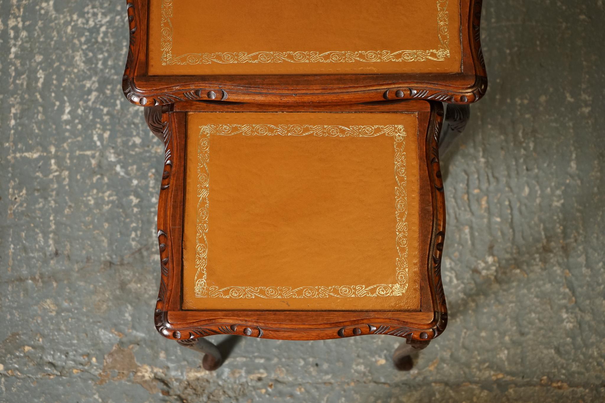 VINTAGE NEST OF TABLES QUEEN ANNE  Style LEGS WiTH BROWN EMBOSsed LEATHER TOP J1 im Angebot 6
