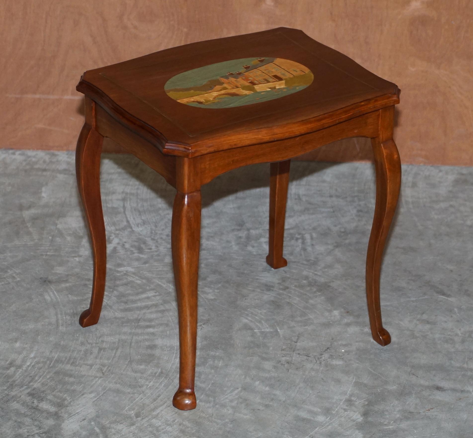 Vintage Nest of Tables with Hand Painted Marquetry Inlaid Tops Very Decorative For Sale 5