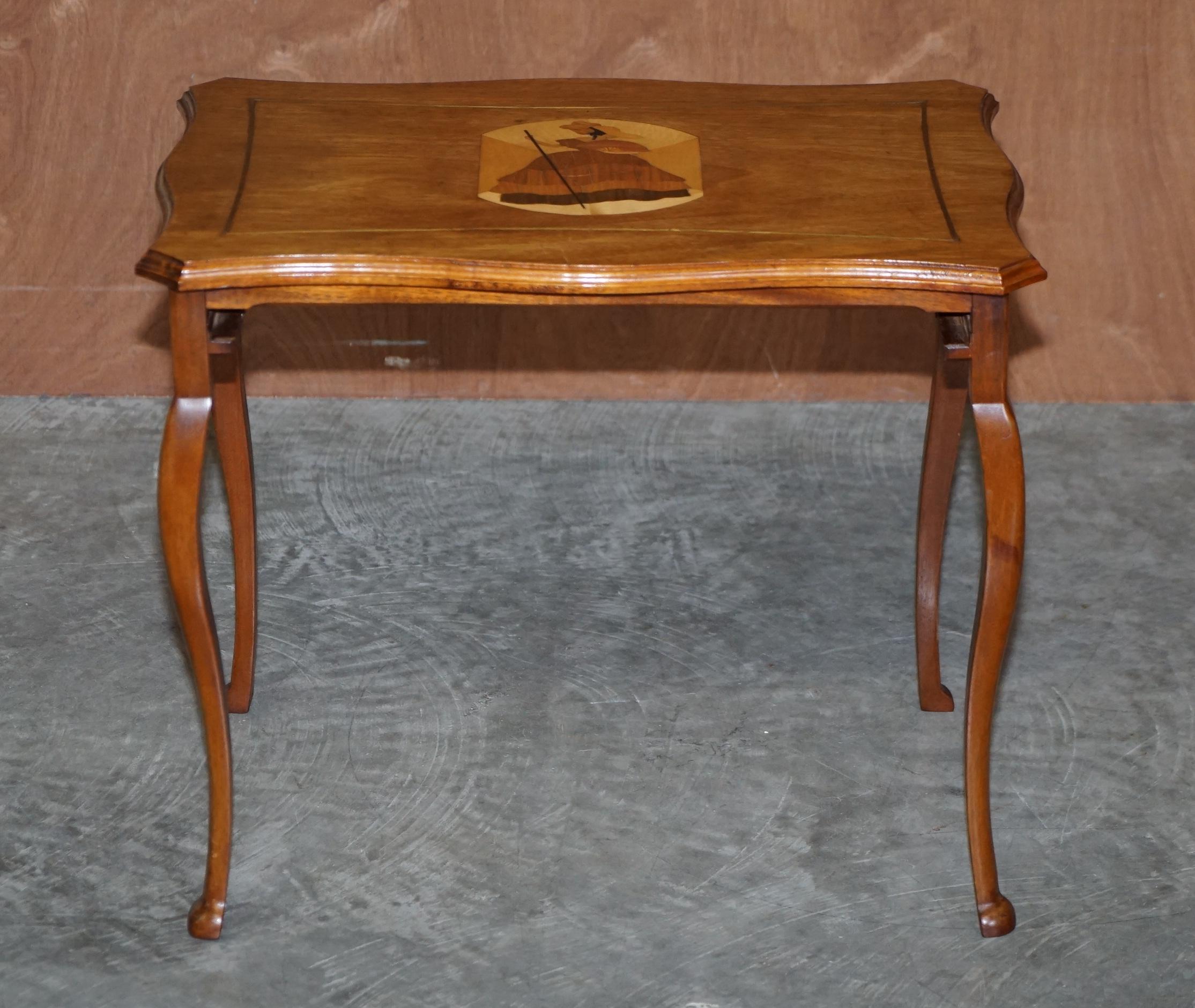 French Vintage Nest of Tables with Hand Painted Marquetry Inlaid Tops Very Decorative For Sale