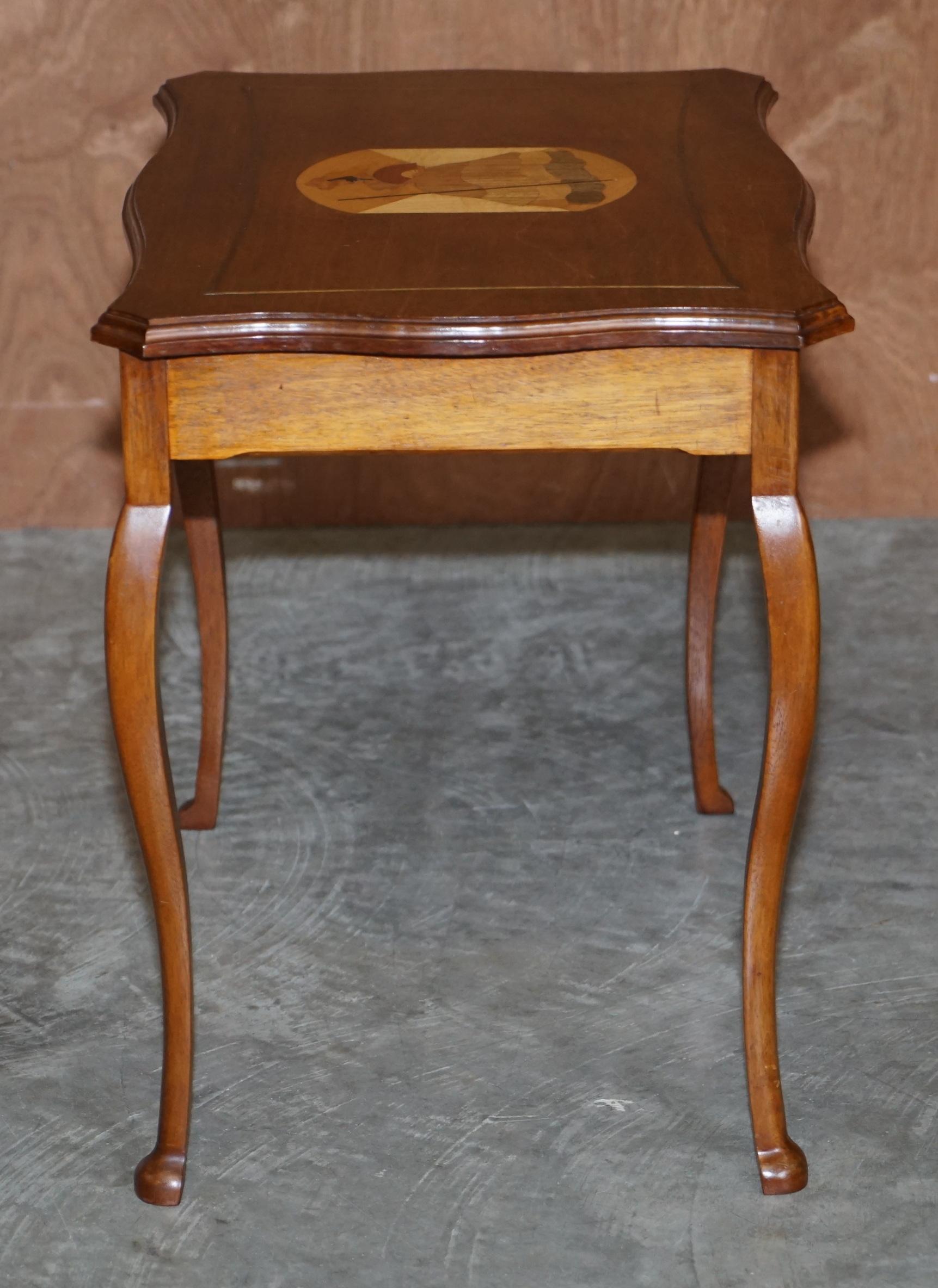 Beech Vintage Nest of Tables with Hand Painted Marquetry Inlaid Tops Very Decorative For Sale