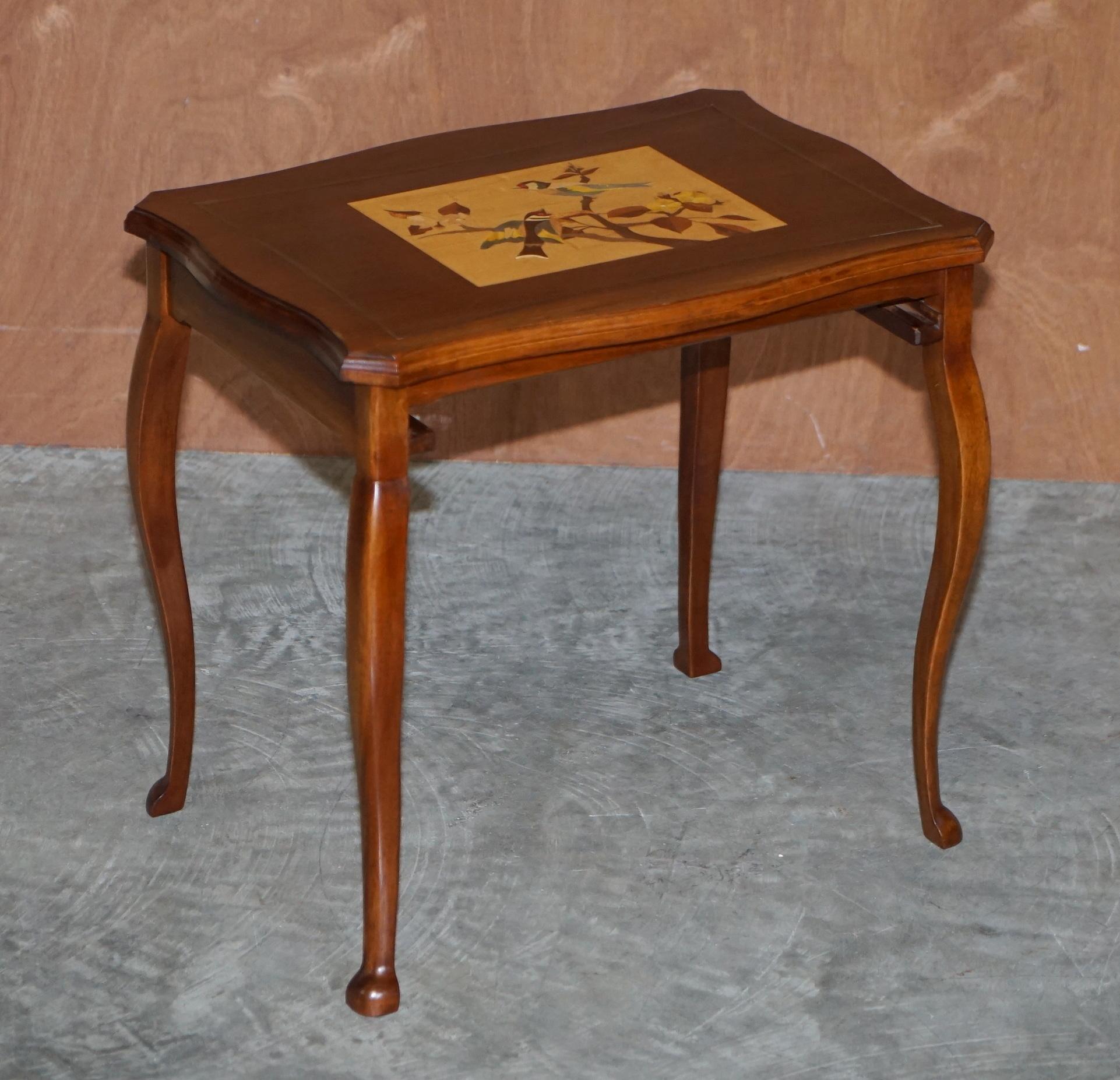 Vintage Nest of Tables with Hand Painted Marquetry Inlaid Tops Very Decorative For Sale 1