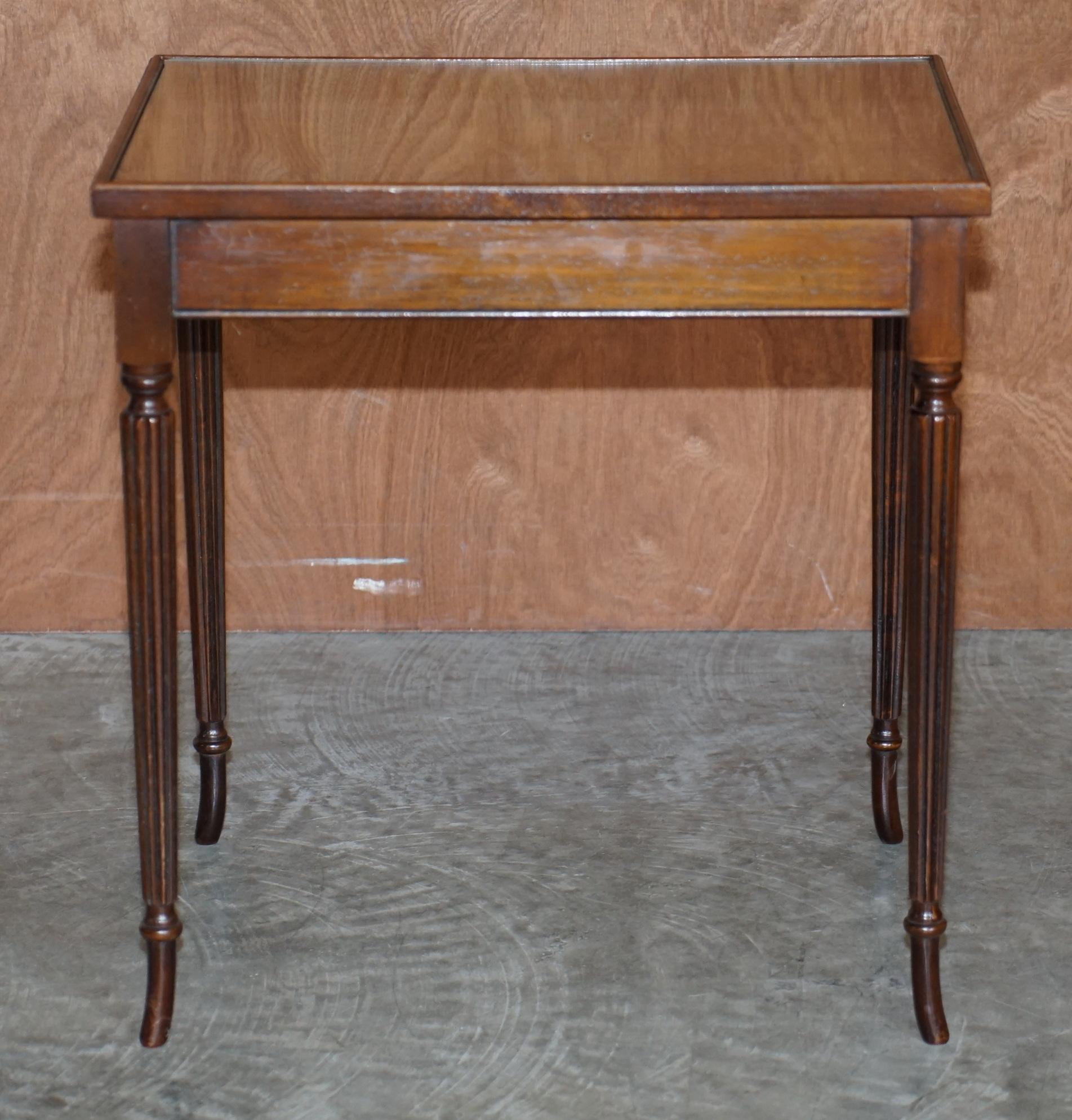 Vintage Nest of Three Flamed Hardwood with Glass Tops Tables Ideal as Side End For Sale 4