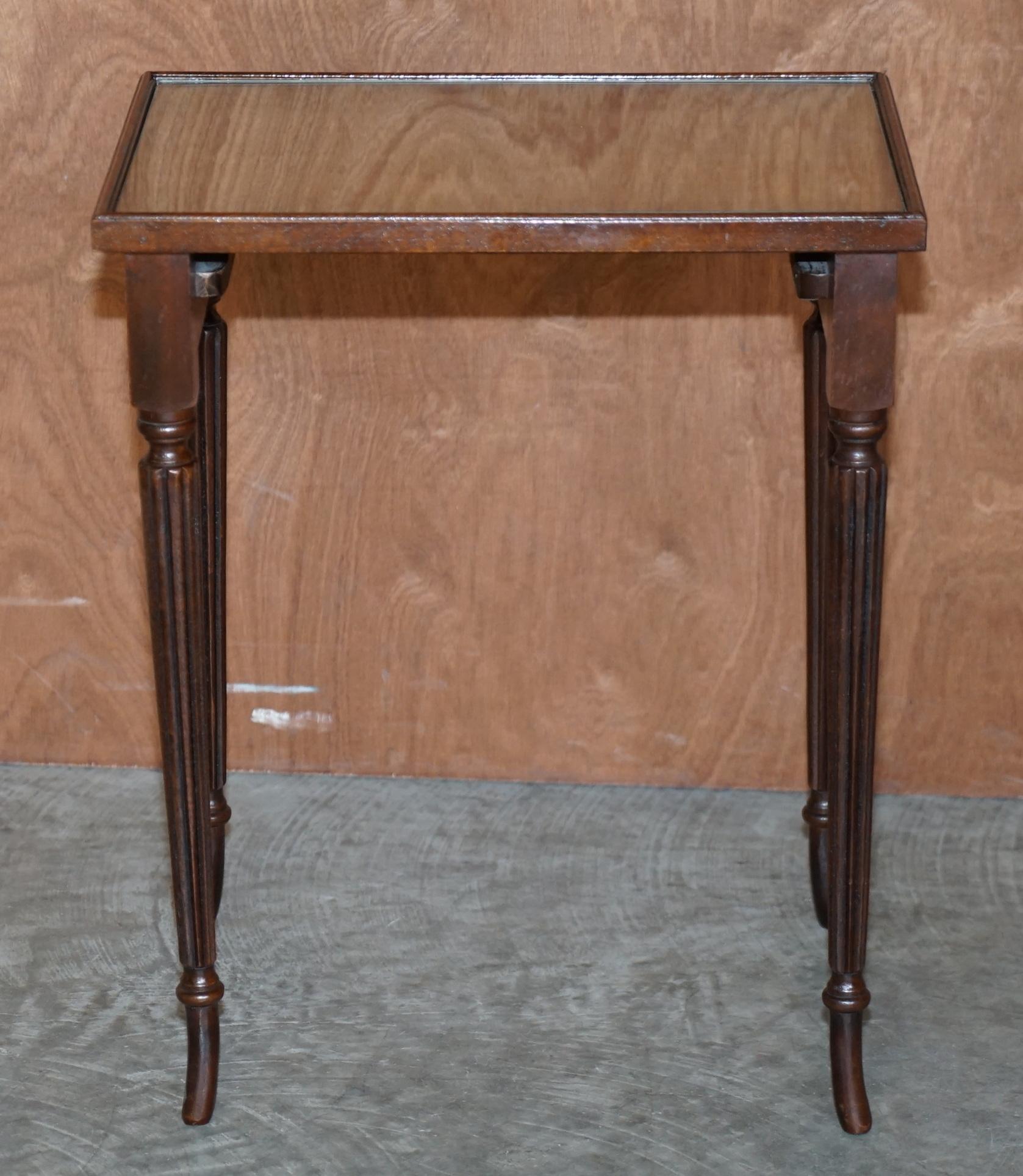 Vintage Nest of Three Flamed Hardwood with Glass Tops Tables Ideal as Side End For Sale 6