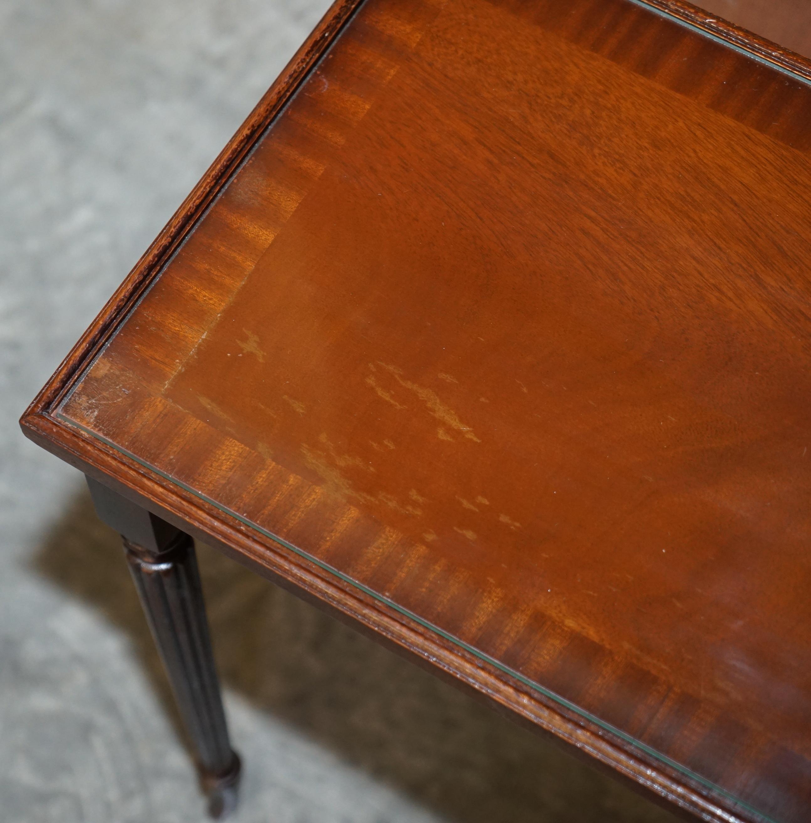 Vintage Nest of Three Flamed Hardwood with Glass Tops Tables Ideal as Side End For Sale 9