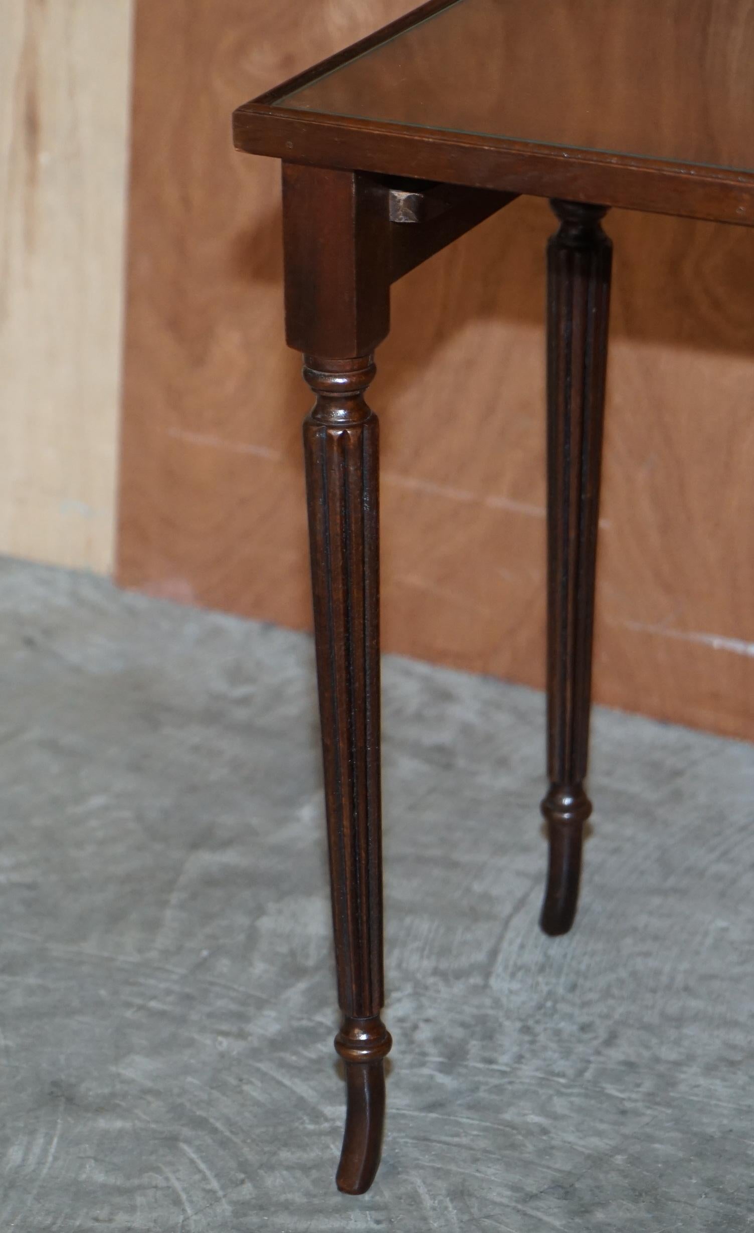 Vintage Nest of Three Flamed Hardwood with Glass Tops Tables Ideal as Side End For Sale 9